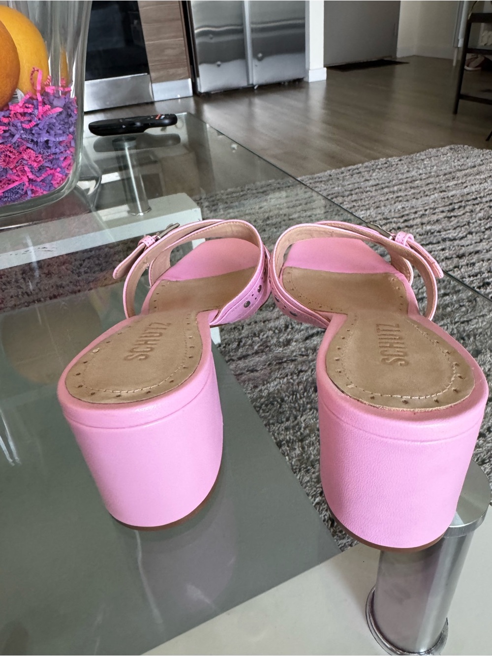 Schutz Pink Leather Block Heel Slide Sandals - Picture 5 of 6
